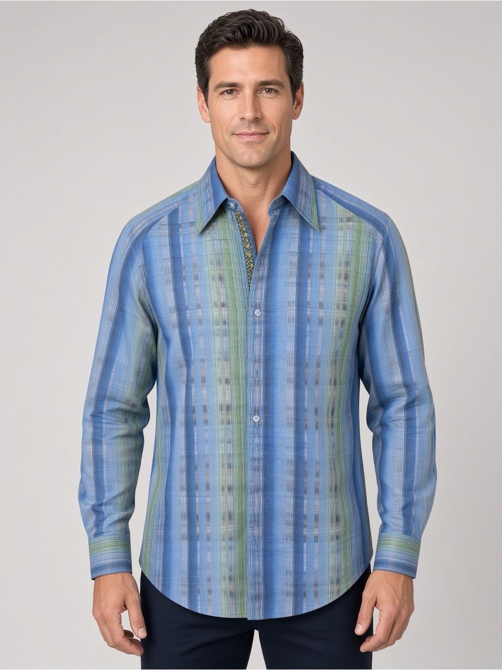 Robert Graham Blue and Green Vertical Stripe Button-Down Shirt